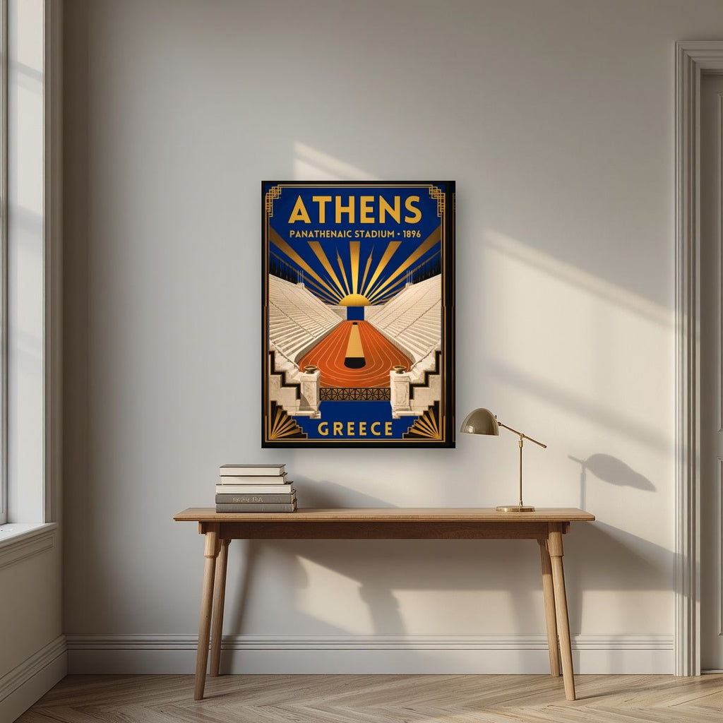 Kallimarmaro — Athens art print, on slim canvas, styled in a desk