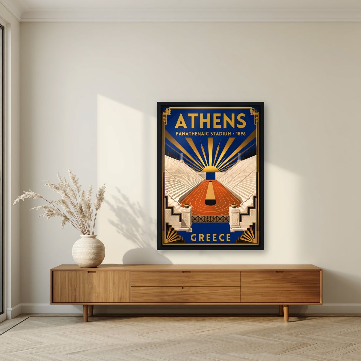 Kallimarmaro — Athens art print, in a black frame, styled in a living room