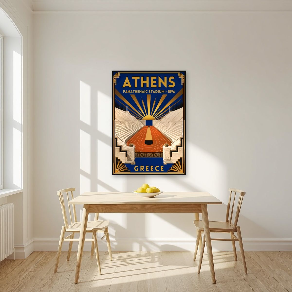 Kallimarmaro — Athens art print, unframed poster, styled in a kitchen