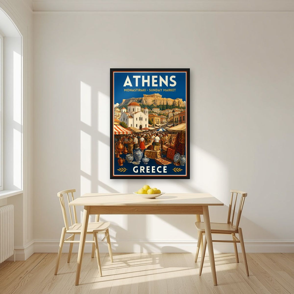 Monastiraki Bazaar — Athens art print, in a black frame, styled in a kitchen