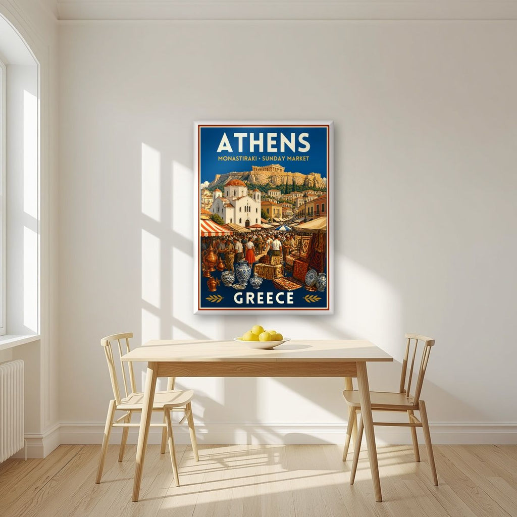 Monastiraki Bazaar — Athens art print, in a white frame, styled in a kitchen