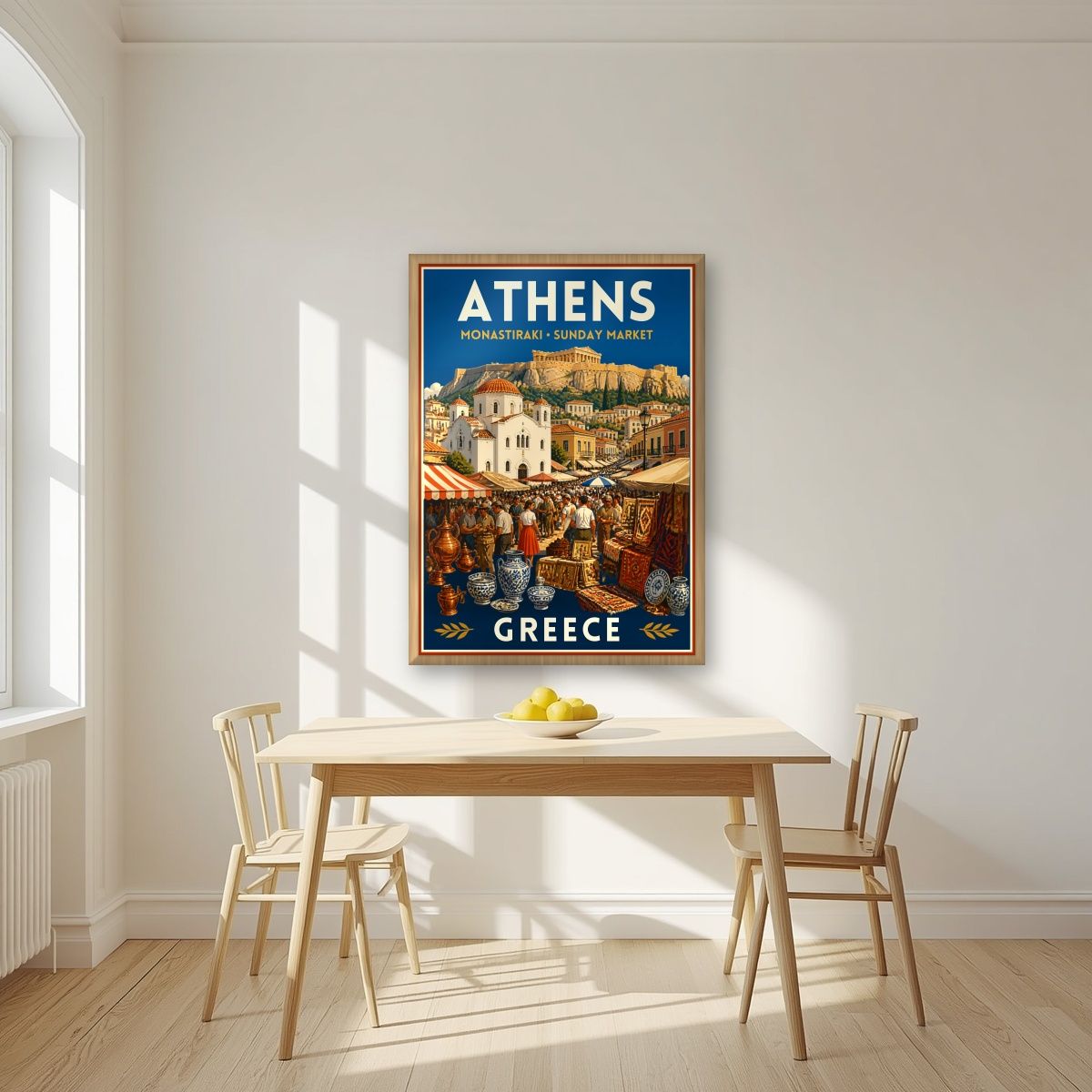 Monastiraki Bazaar — Athens art print, in an oak frame, styled in a kitchen