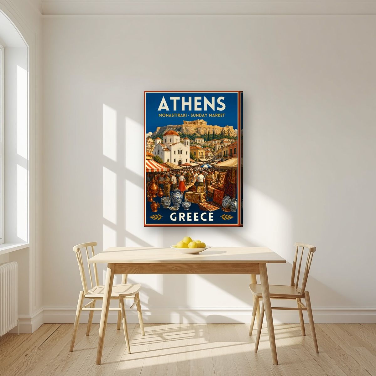 Monastiraki Bazaar — Athens art print, on slim canvas, styled in a kitchen