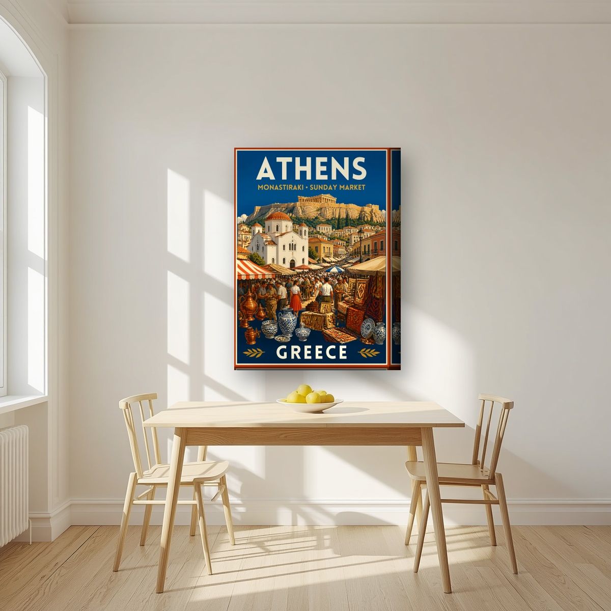 Monastiraki Bazaar — Athens art print, on thick canvas, styled in a kitchen