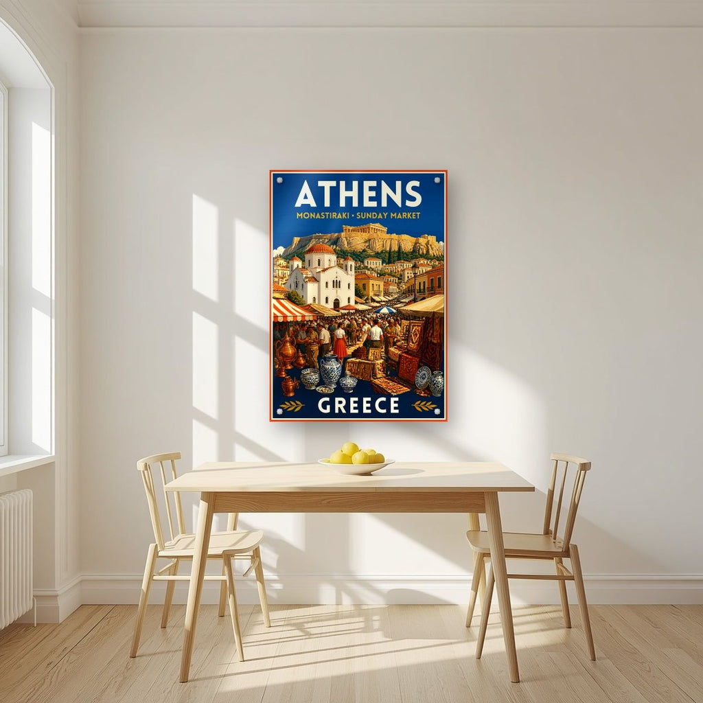 Monastiraki Bazaar — Athens art print, as an acrylic print, styled in a kitchen