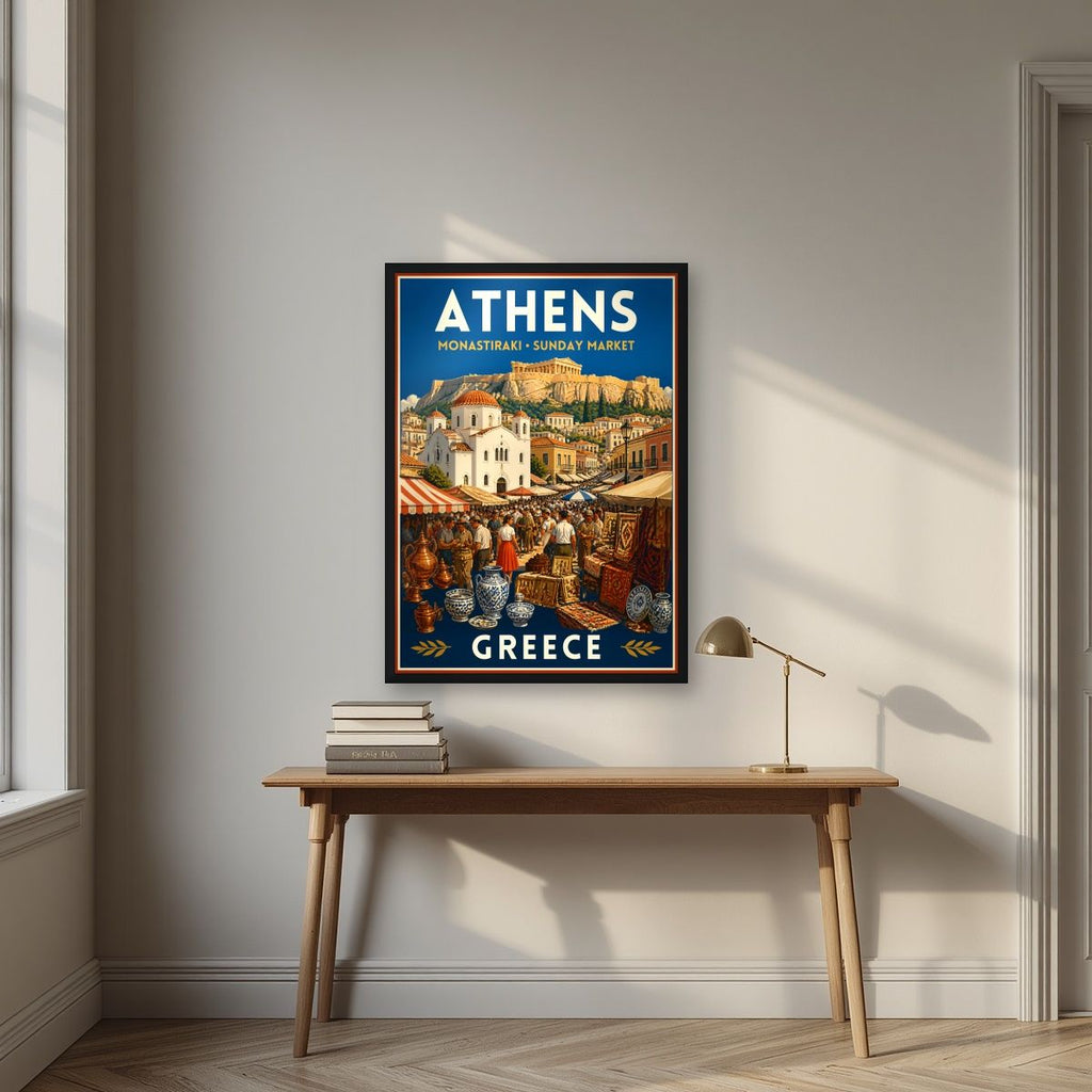Monastiraki Bazaar — Athens art print, in a black frame, styled in a desk