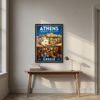 Monastiraki Bazaar — Athens art print, in a black frame, styled in a desk