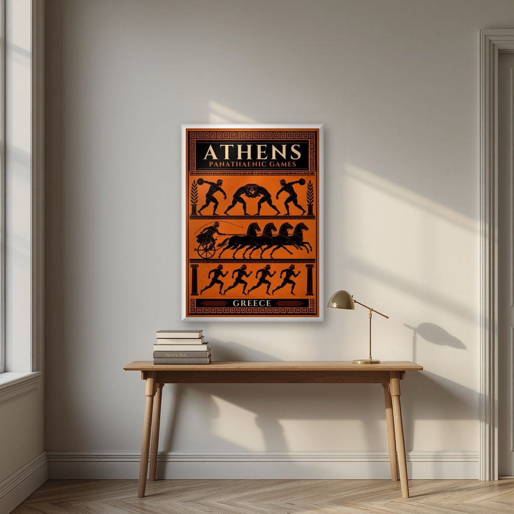 Panathenaia — Athens art print, in a white frame, styled in a desk