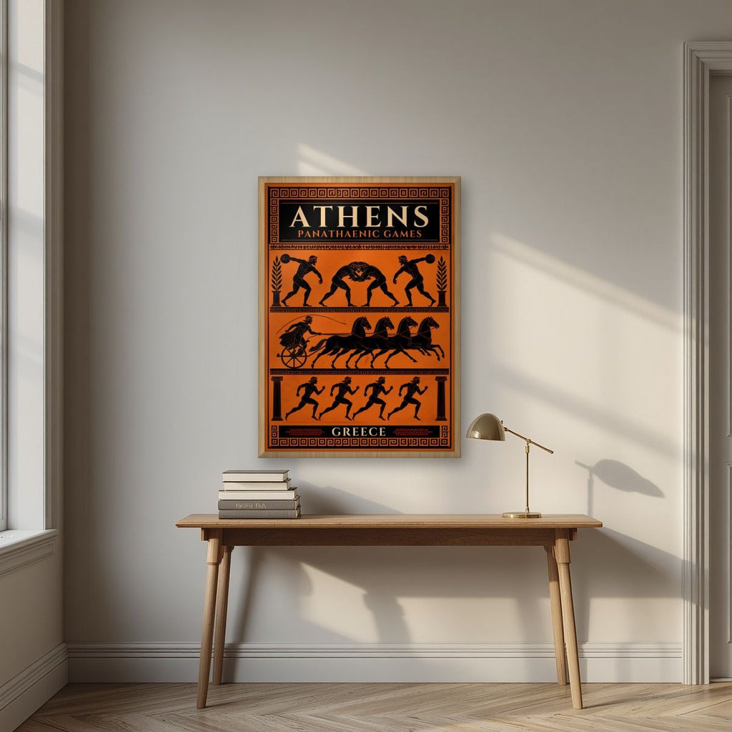 Panathenaia — Athens art print, in an oak frame, styled in a desk
