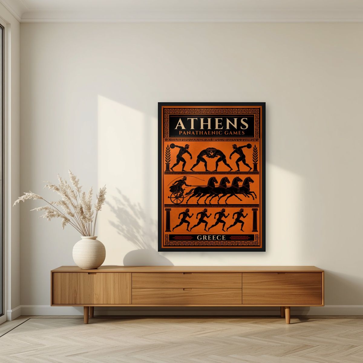 Panathenaia — Athens art print, in a black frame, styled in a living room
