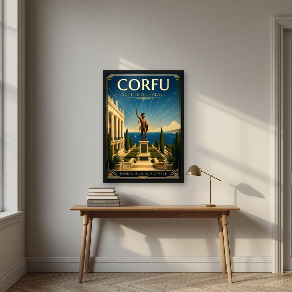 Achilleion — Corfu art print, in a black frame, styled in a desk