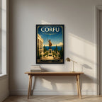 Achilleion — Corfu art print, in a black frame, styled in a desk