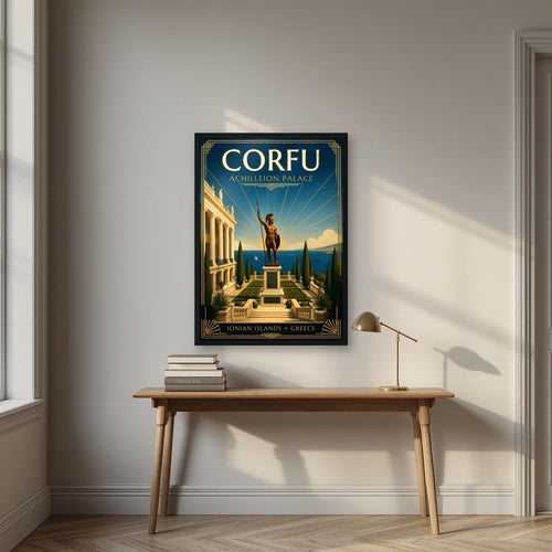Achilleion — Corfu art print, in a black frame, styled in a desk