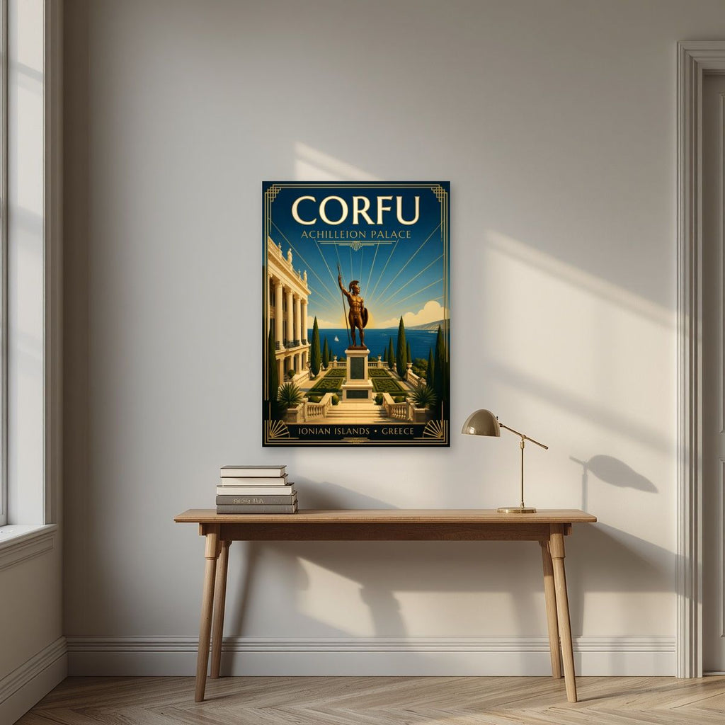 Achilleion — Corfu art print, unframed poster, styled in a desk