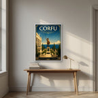 Achilleion — Corfu art print, in a white frame, styled in a desk