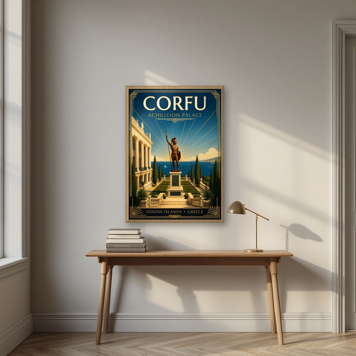 Achilleion — Corfu art print, in an oak frame, styled in a desk