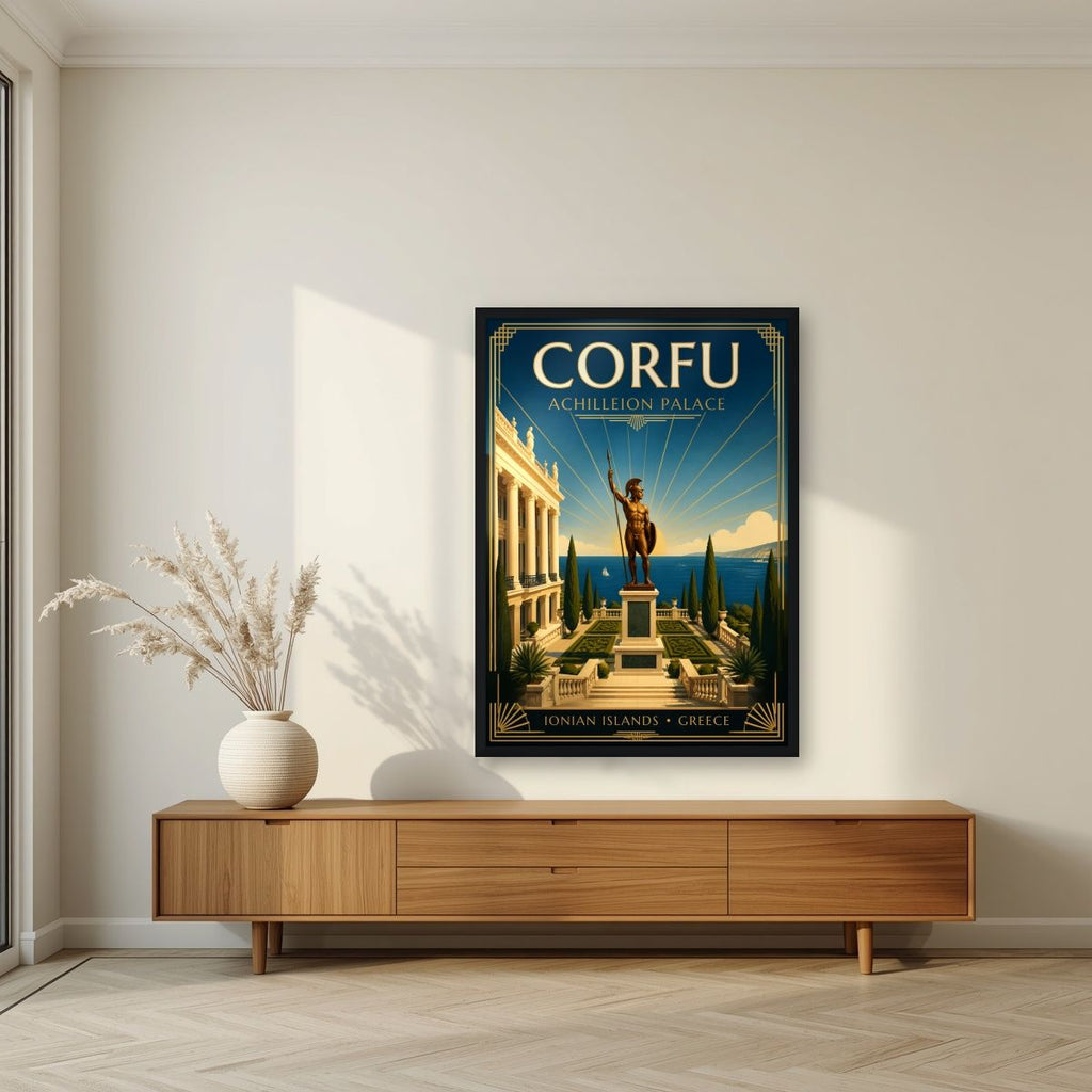 Achilleion — Corfu art print, in a black frame, styled in a living room