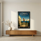 Achilleion — Corfu art print, in a black frame, styled in a living room