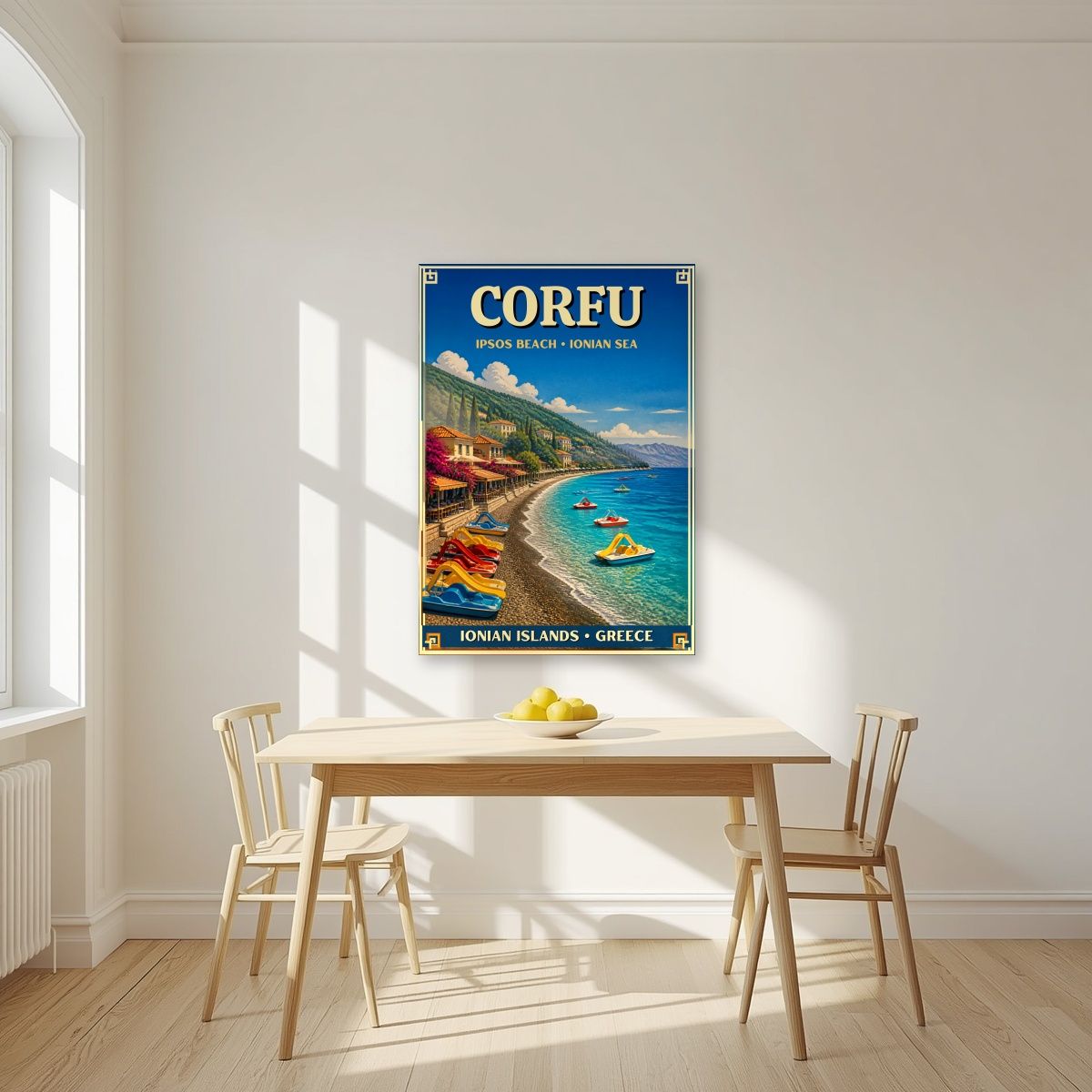 Ipsos — Corfu art print, unframed poster, styled in a kitchen