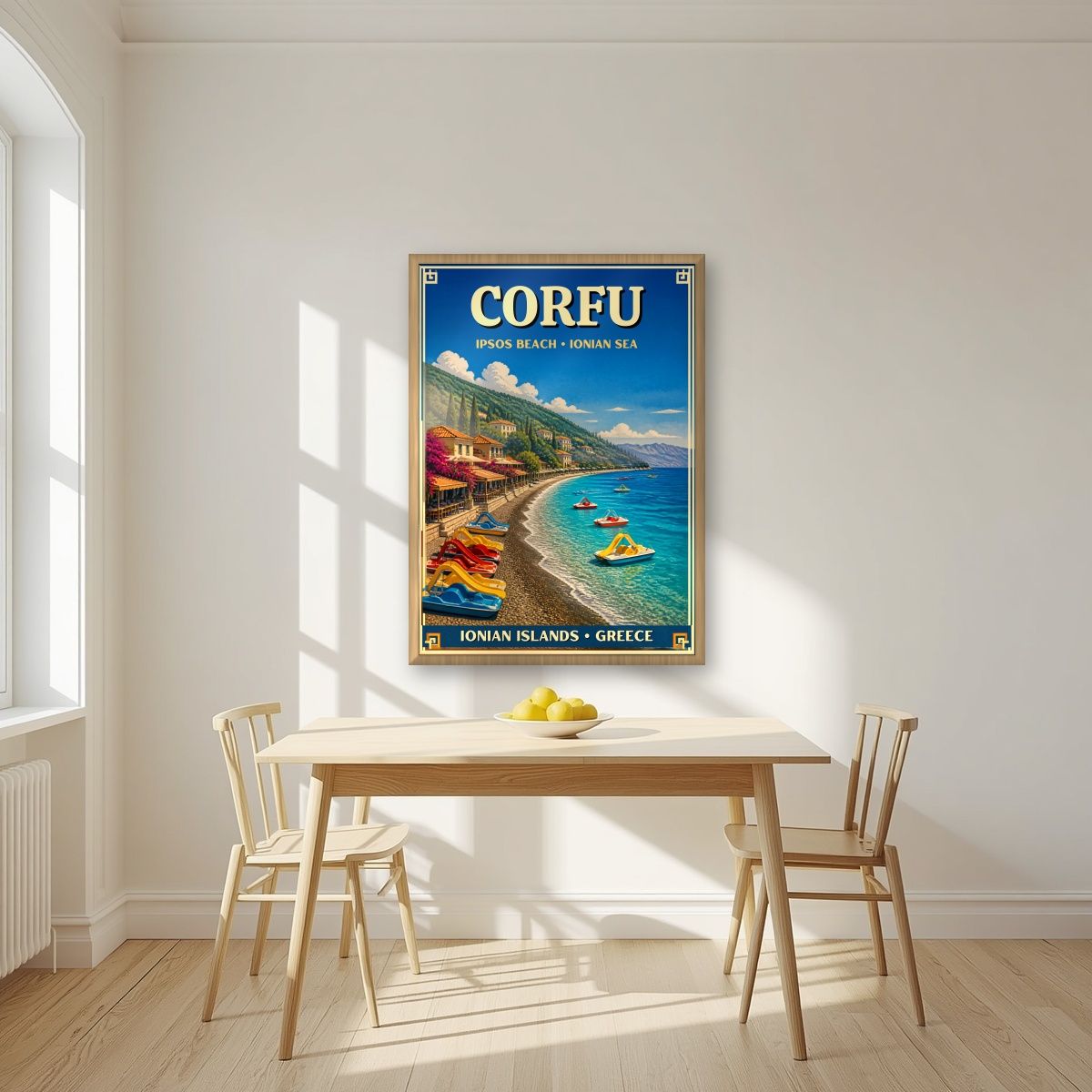 Ipsos — Corfu art print, in an oak frame, styled in a kitchen