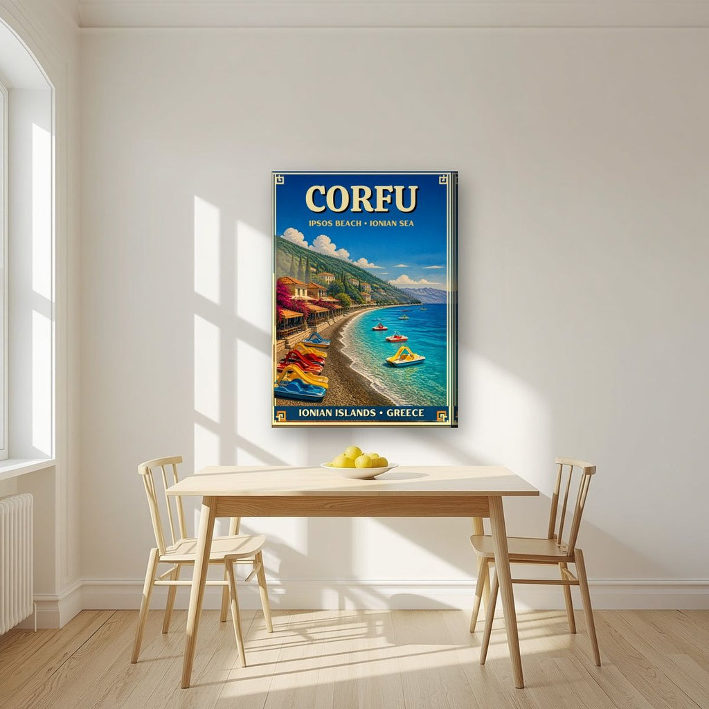 Ipsos — Corfu art print, on slim canvas, styled in a kitchen