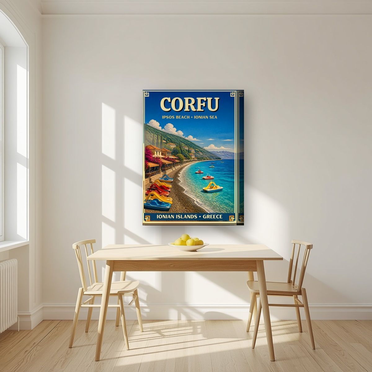 Ipsos — Corfu art print, on thick canvas, styled in a kitchen