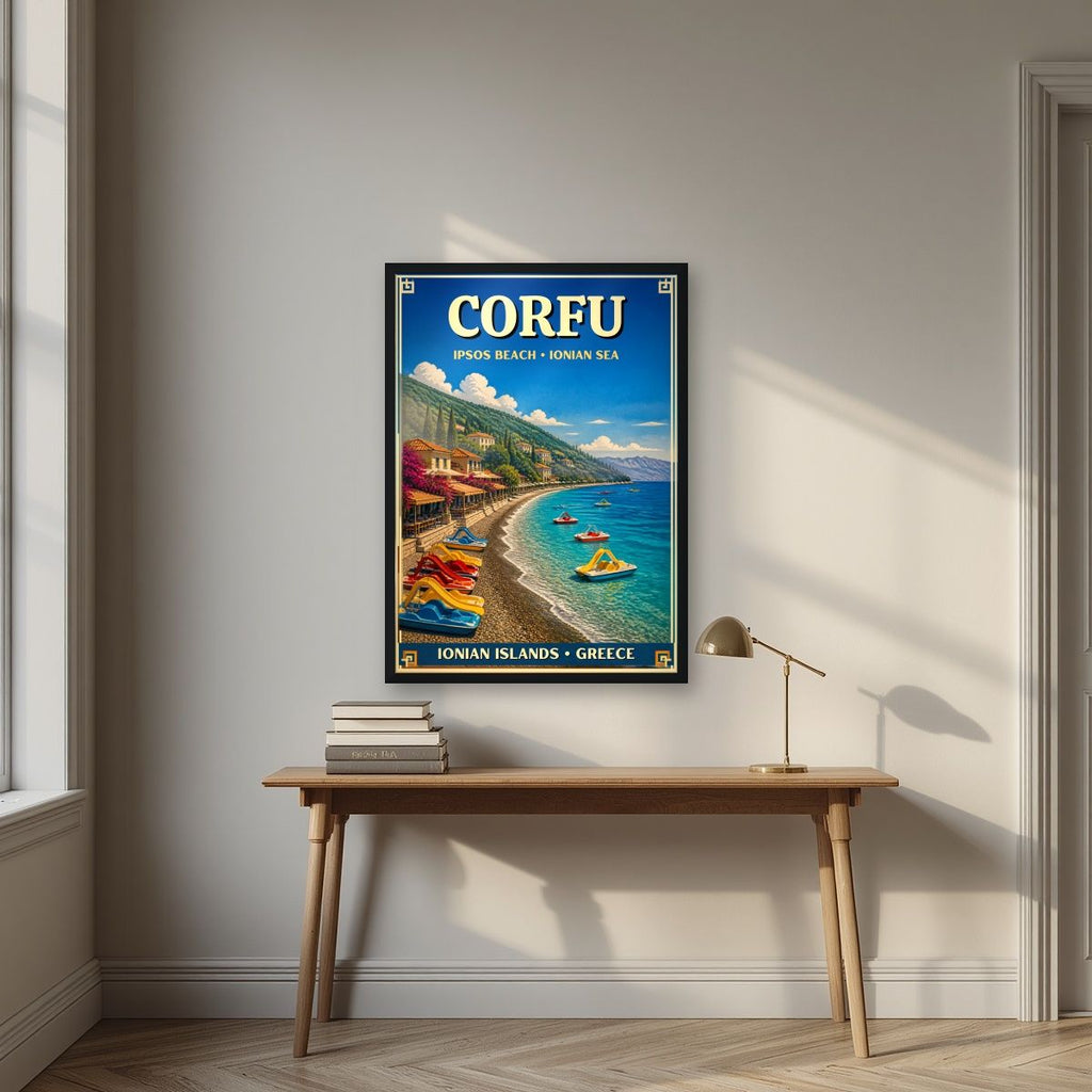 Ipsos — Corfu art print, in a black frame, styled in a desk