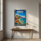 Ipsos — Corfu art print, in a black frame, styled in a desk