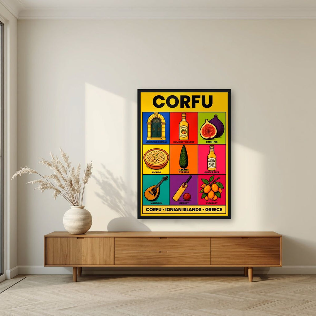 Kumquat & Cricket — Corfu art print, in a black frame, styled in a living room