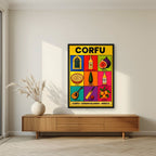Kumquat & Cricket — Corfu art print, in a black frame, styled in a living room