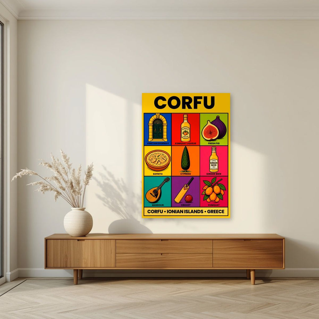 Kumquat & Cricket — Corfu art print, unframed poster, styled in a living room