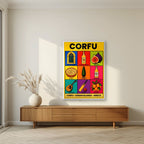 Kumquat & Cricket — Corfu art print, in a white frame, styled in a living room
