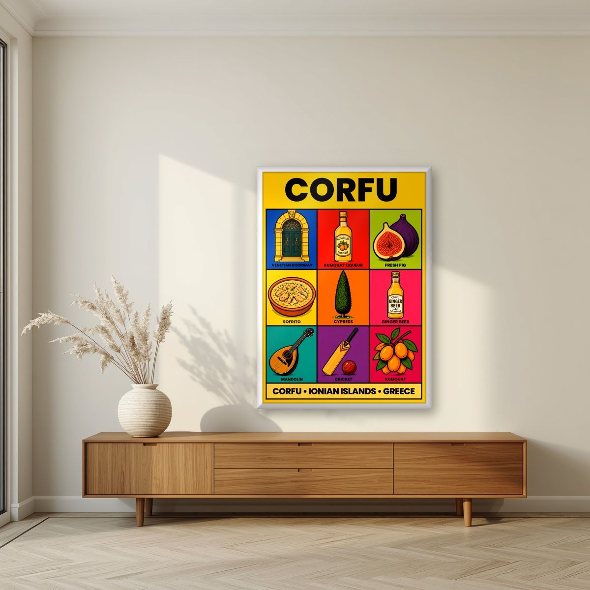 Kumquat & Cricket — Corfu art print, in a white frame, styled in a living room