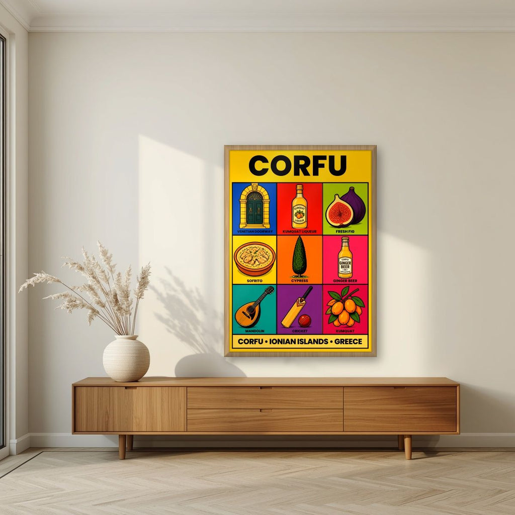 Kumquat & Cricket — Corfu art print, in an oak frame, styled in a living room