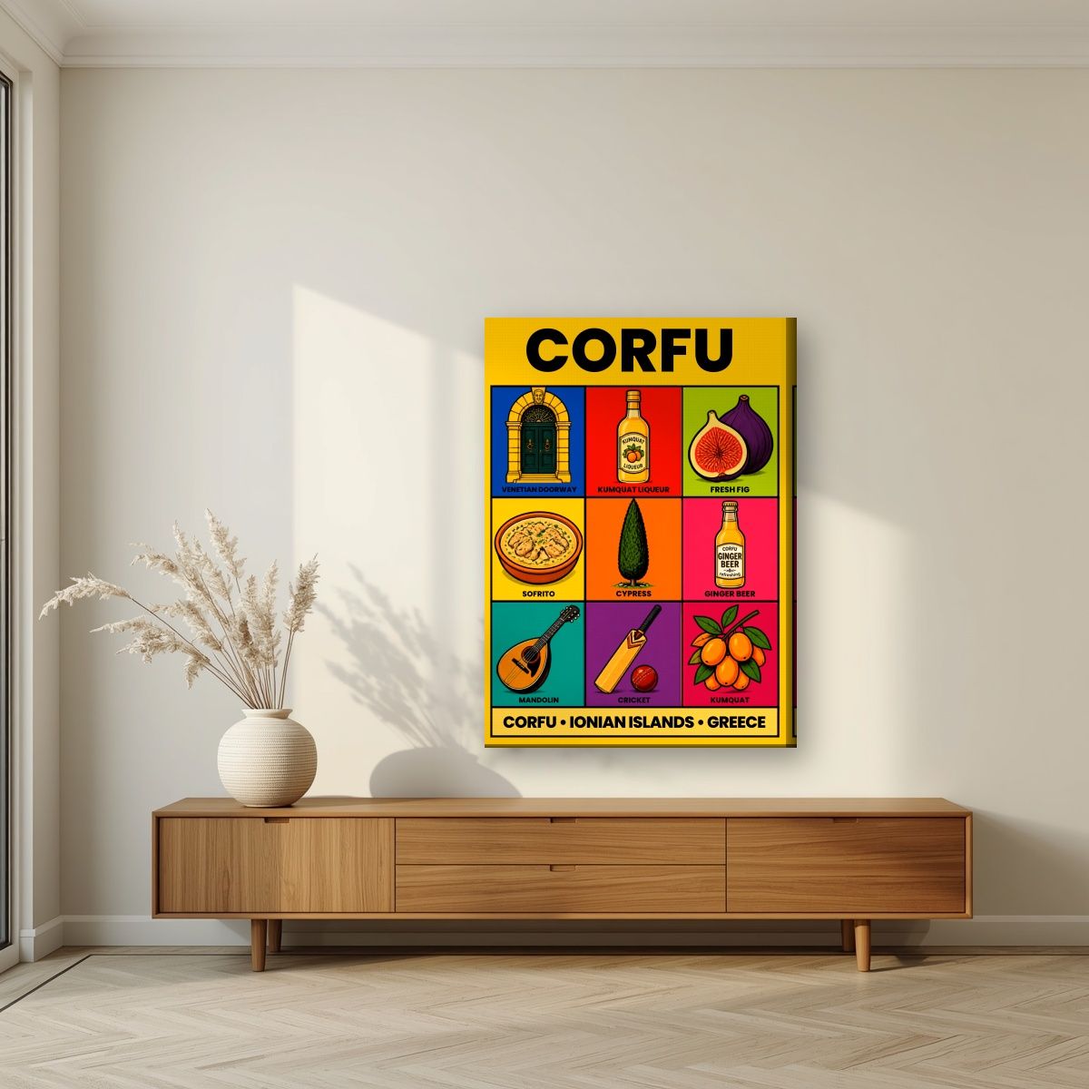Kumquat & Cricket — Corfu art print, on slim canvas, styled in a living room