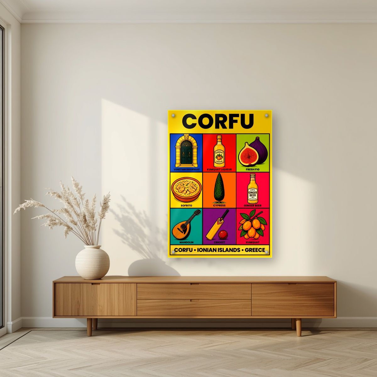 Kumquat & Cricket — Corfu art print, as an acrylic print, styled in a living room