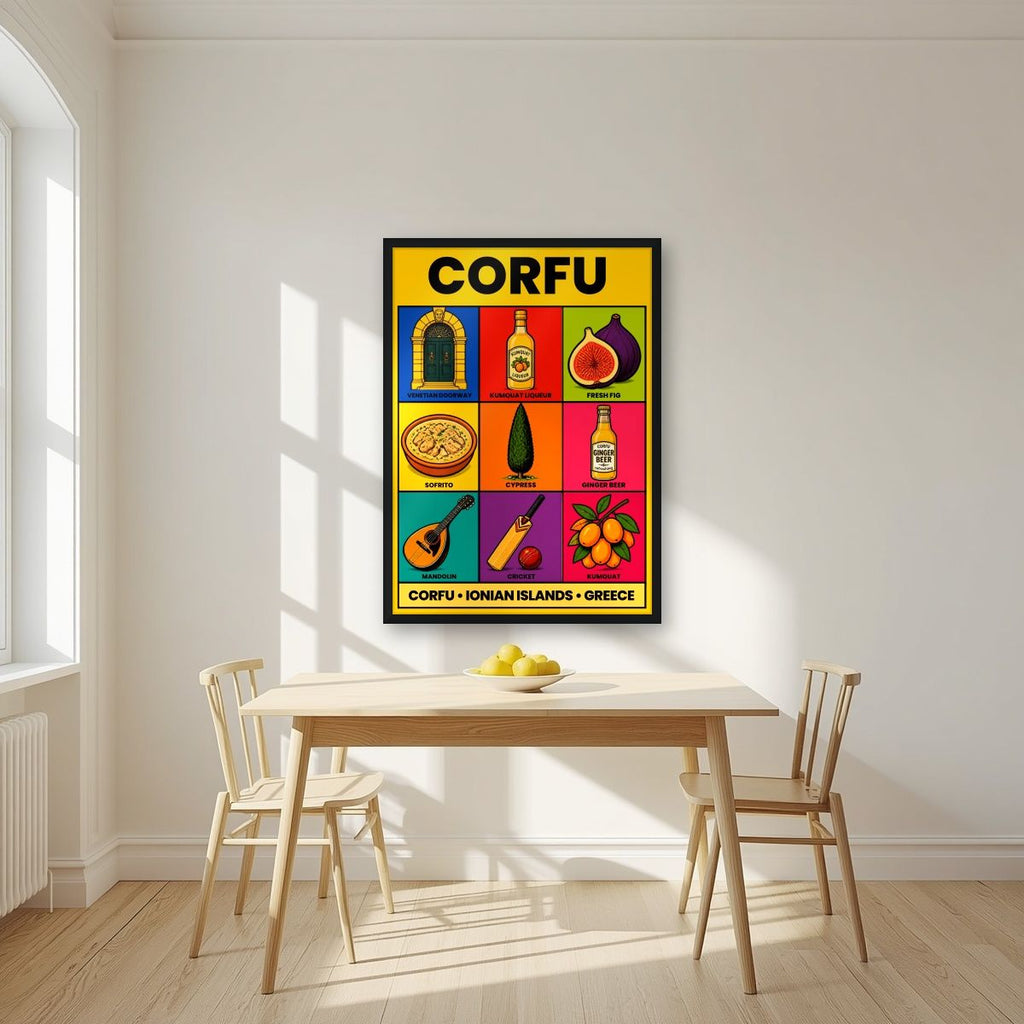 Kumquat & Cricket — Corfu art print, in a black frame, styled in a kitchen