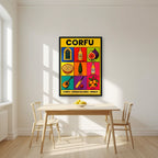 Kumquat & Cricket — Corfu art print, in a black frame, styled in a kitchen