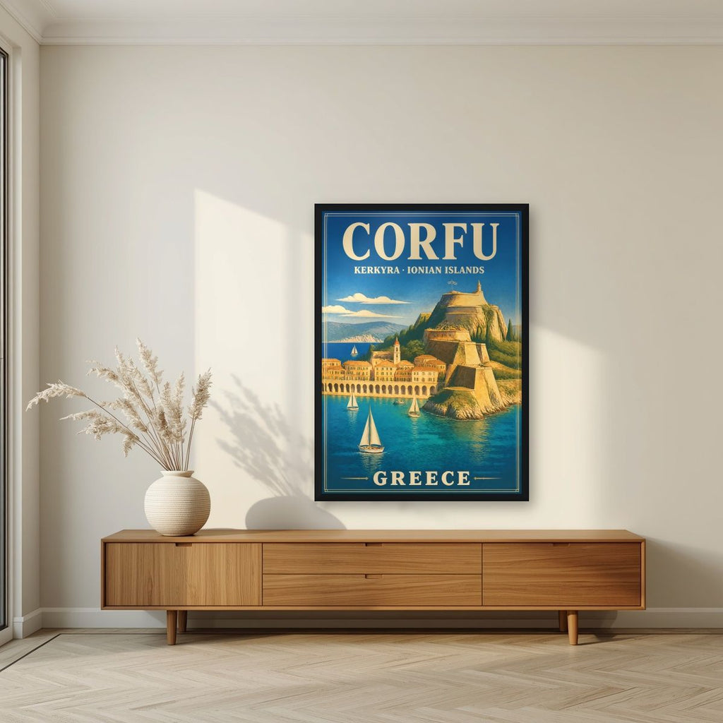 Palaio Frourio — Corfu art print, in a black frame, styled in a living room
