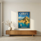 Palaio Frourio — Corfu art print, in an oak frame, styled in a living room