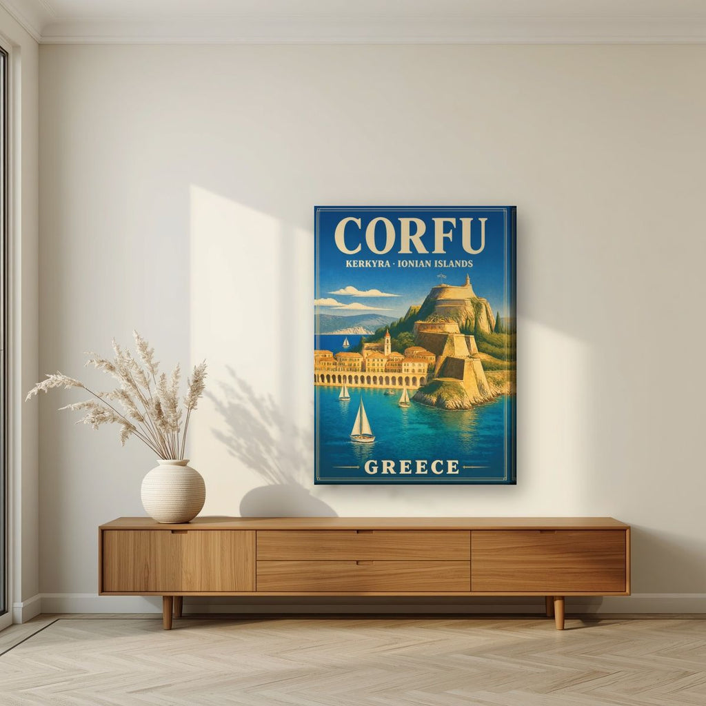 Palaio Frourio — Corfu art print, on slim canvas, styled in a living room