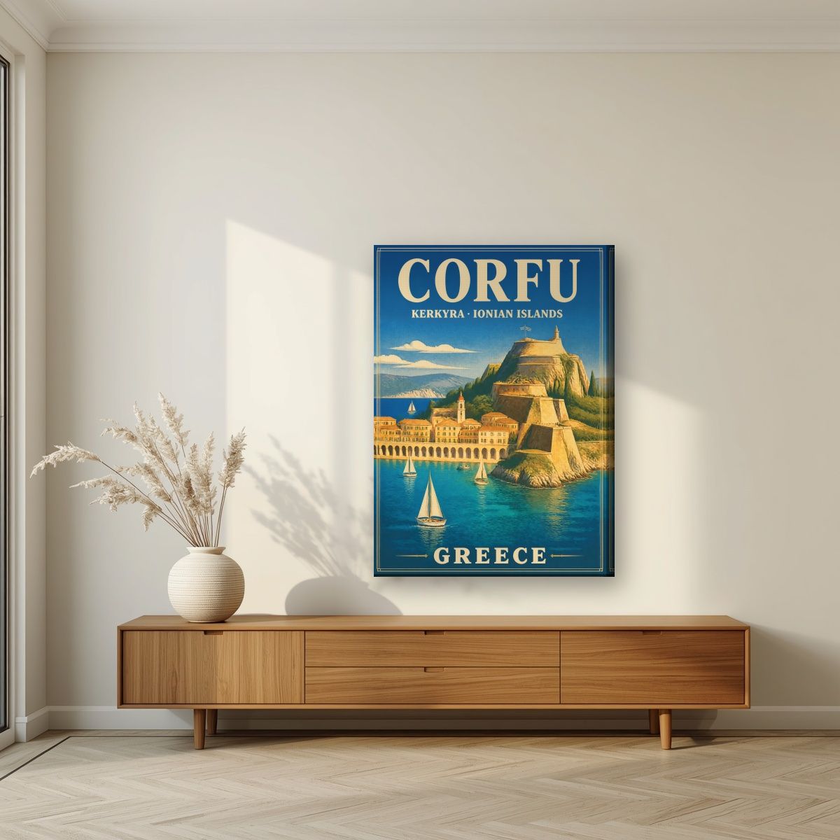 Palaio Frourio — Corfu art print, on slim canvas, styled in a living room