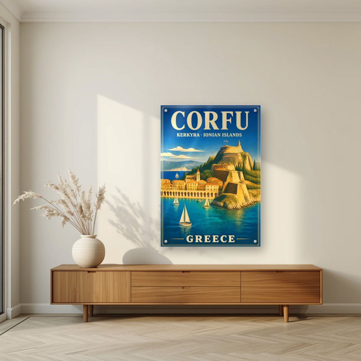 Palaio Frourio — Corfu art print, as an acrylic print, styled in a living room