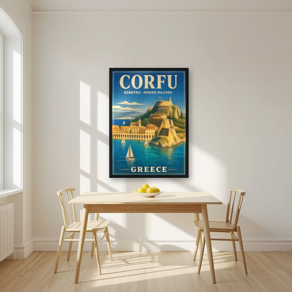 Palaio Frourio — Corfu art print, in a black frame, styled in a kitchen
