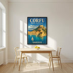 Palaio Frourio — Corfu art print, in a black frame, styled in a kitchen