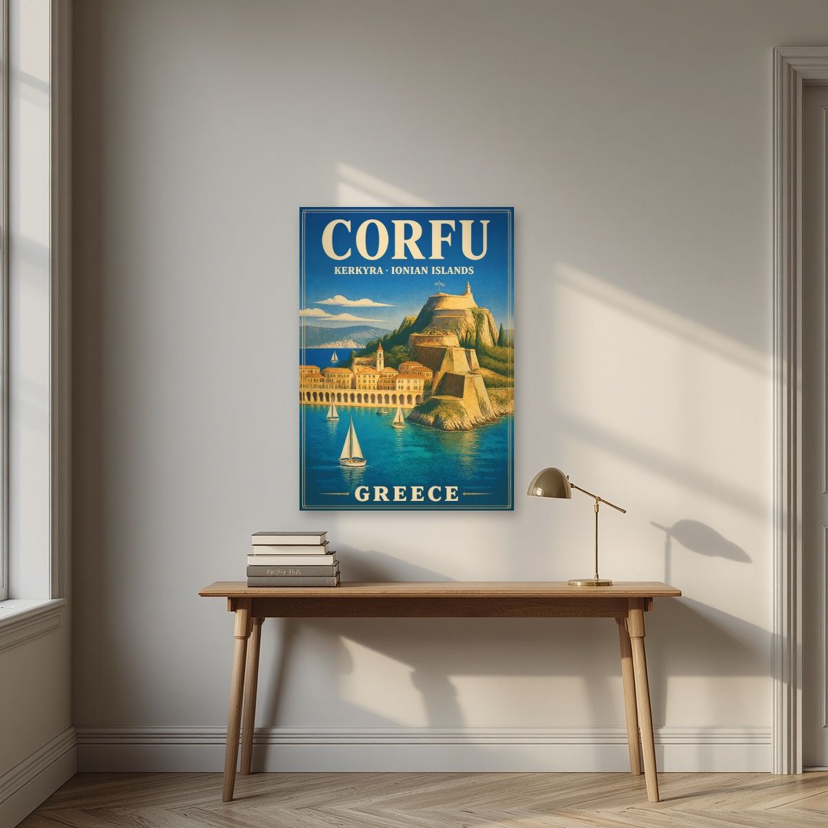 Palaio Frourio — Corfu art print, unframed poster, styled in a desk