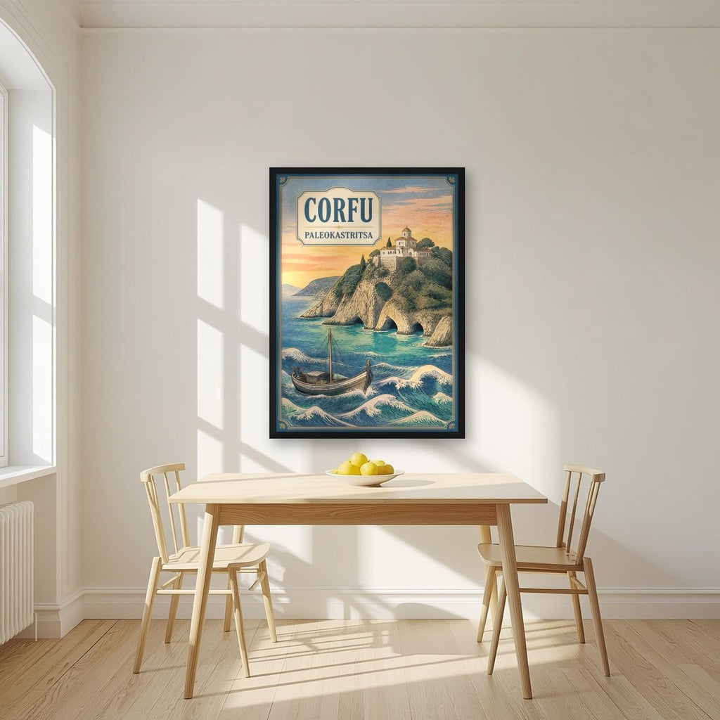 Paleokastritsa — Corfu art print, in a black frame, styled in a kitchen