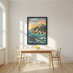Paleokastritsa — Corfu art print, in a black frame, styled in a kitchen