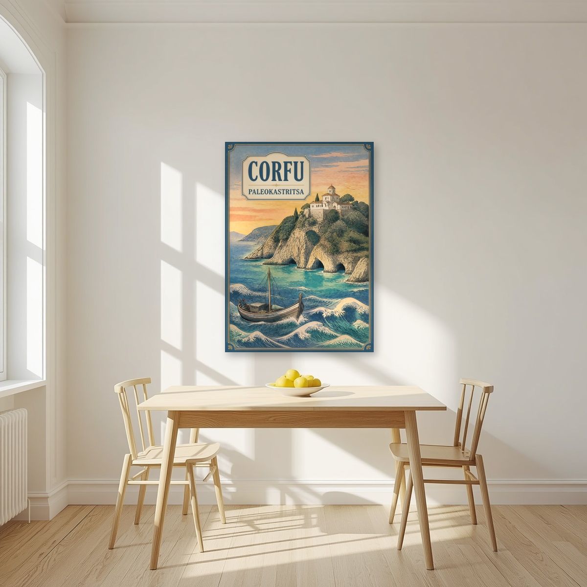Paleokastritsa — Corfu art print, unframed poster, styled in a kitchen