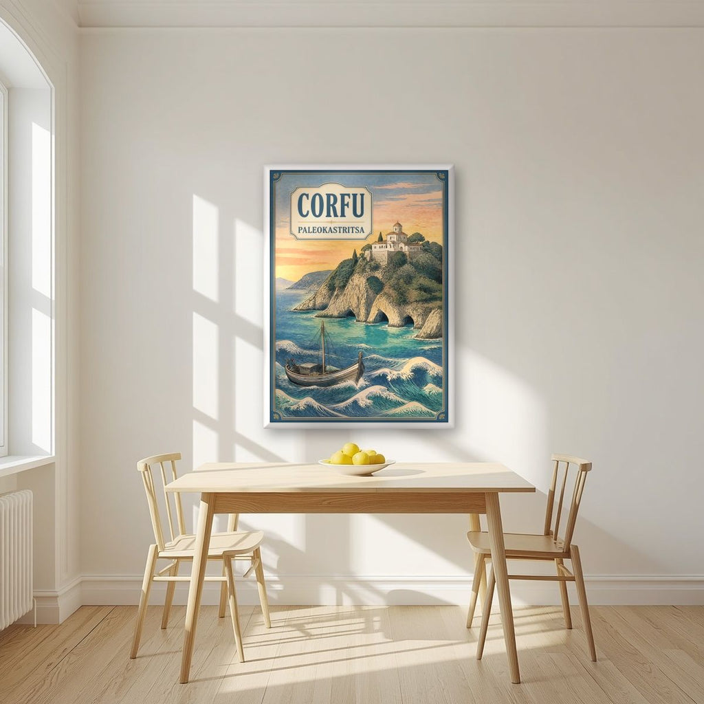 Paleokastritsa — Corfu art print, in a white frame, styled in a kitchen